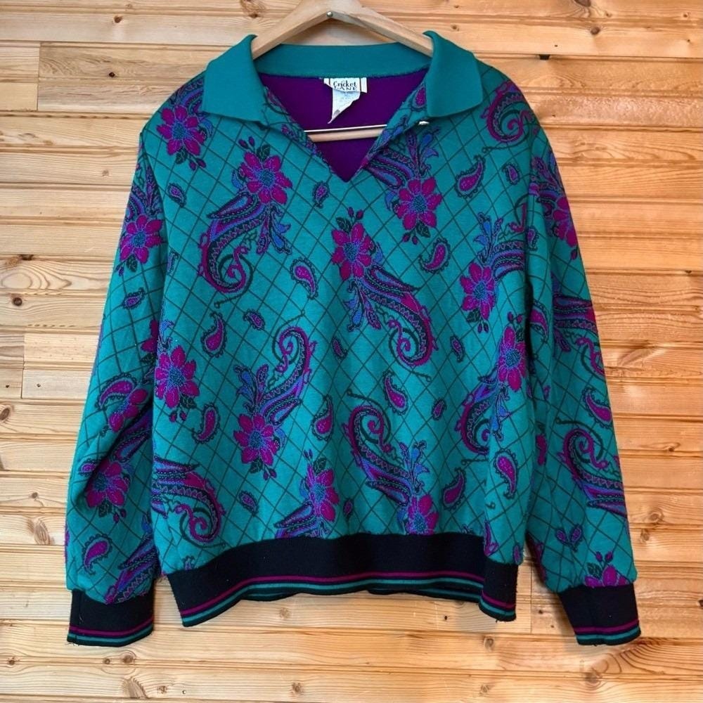 VTG 80s Sweater Cricket Lane Teal Pink Paisley Large Persian Shoulder Pads
